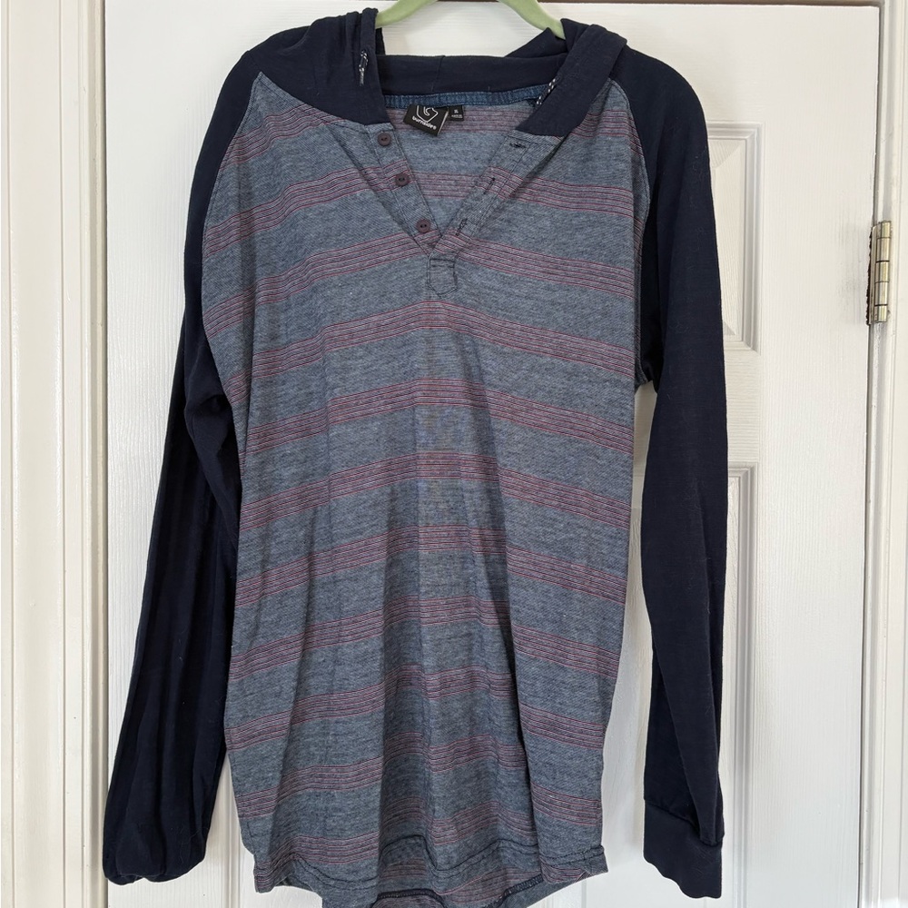 Men’s Striped Long Sleeve Henley Hoodie, XLG with hood